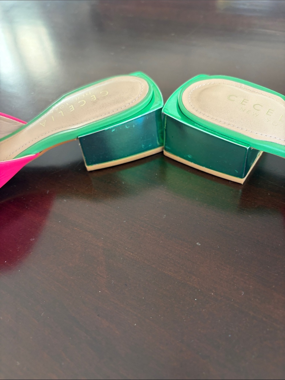 CECELIA NEW YORK Hot Pink and Green Leather Slide Mules - Picture 9 of 9